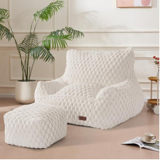 Bean Bag Chair with Ottoman Modern Giant Bean Bag Couch Sofa with Footstool Lounge Large Bean Bag for Adults Teens Comfortable Faux Fur Reading Chair for Bedroom Living Room