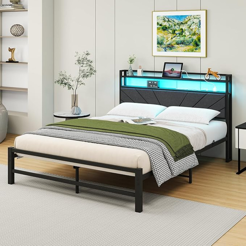 QUCENAK King Bed Frame Upholstered Headboard Upholstered Bed Frame Double Mattress Base Strong Steel Slat Support Underbed Storage Easy Assembly