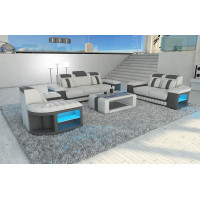 Bellagio 3-2-1 Leather Sofa Set with Lighting Modern 3 Seater 2 Seater and Chair (without LED Light, Grey/White)