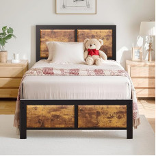 VECELO Bed Frame 90 x 200 cm, Metal Bed with Thick Wooden Headboard and Slatted Frame, Modern Guest Bed, Youth Bed with Storage Space Under the Bed, Perfect for Bedroom, Brown