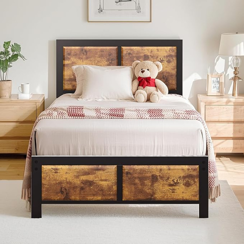 VECELO Bed Frame 90 x 200 cm, Metal Bed with Thick Wooden Headboard and Slatted Frame, Modern Guest Bed, Youth Bed with Storage Space Under the Bed, Perfect for Bedroom, Brown