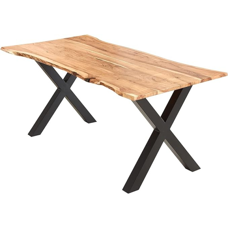 SAM Burgos Dining Table 160 x 85 cm Solid Acacia Wood + Natural-Coloured + Varnish, Real Wane, Wane Table with X-Frame Made of Metal, Black, Table Top 26 mm