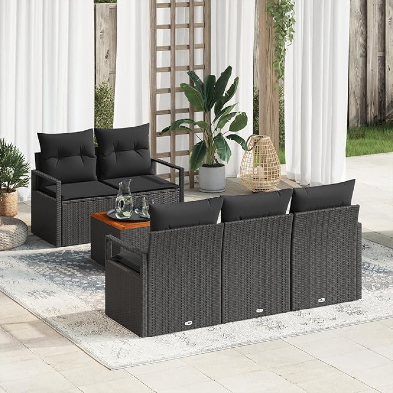 Rantry 6-teiliges Garten-Sofaset mit Kissen in Schwarz aus Poly-Rattan, 2-Sitzer Garten-Sofa mit Kissen in Schwarz aus Poly-Rattan Gartenlounge Model3347646
