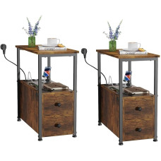 PIPIPOXER Set of 2 Side Tables with Charging Station, Sofa Table with 2 Drawers and USB Port and Socket, Bedside Table for Small Spaces, Stable and Robust, for Living Room, Dark Brown, 60 x 30 x 61 cm