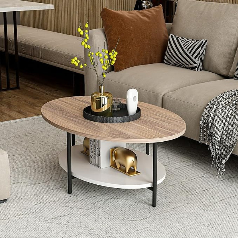 [en.casa] Fredericia Coffee Table Oval Side Table Oak Look White Sofa Table with Lower Shelf