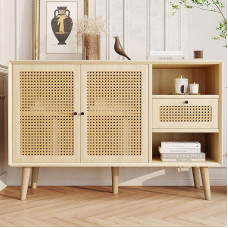 Sideboard, Chest of Drawers with 1 Drawer and 2 Magnetic Doors, Rattan Weave on Door Fronts, Solid Wood Legs, Black Metal Bow Handle, Adjustable Shelves, Oak, 120 x 40 x 80 cm
