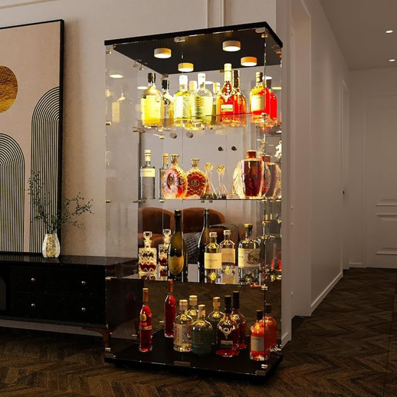 BPKADHY Glass Display Cabinet Standing Display Cabinet LED Lighting with Lock and 2 Doors 4 Compartments Display Case with Glass Collector's Display Case LED for Collectibles, Models (2 Door, 4 Tier