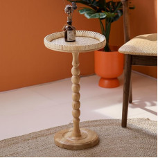 HuiDao Drinks Table Rattan Round Small Side Table for Small Spaces, Boho Circle Side Table, Coffee Table with Solid Wood Legs for Living Room, Toilet Table for Bedroom, Corners