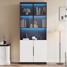 Modern Minimalist Display Case with Glass Doors, with LED Lights, Collectibles Bookcase, Adjustable Colour Temperature and Brightness, White Doors with Black Decoration (80 x 30 x 200 cm)