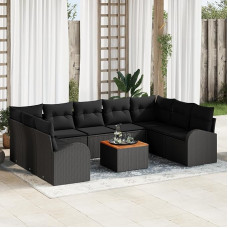 Rantry 10-teiliges Gartensofa Set mit Kissen Schwarz Poly Rattan Akazie Gartenlounge Model3347625