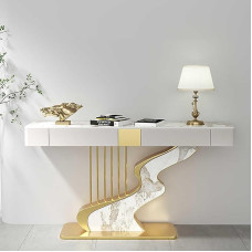 Moderner rustikaler Konsolentisch aus Kunstmarmor mit Schubladen, schmales Eingangsmöbel für Flur oder Wohnzimmer, 150 cm, goldfarbenes geschwungenes Design hinter dem Sofa, Couch
