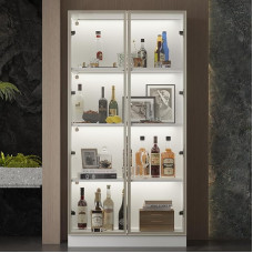 PREMTURE Glass Display Cabinet with Glass Doors and Lighting, Standing Glass Display Cabinet with 4 Tier Shelves, Pop-up Design, Display Cabinet with Glass Doors, White, Tempered Glass MDF