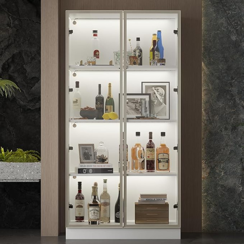 PREMTURE Glass Display Cabinet with Glass Doors and Lighting, Standing Glass Display Cabinet with 4 Tier Shelves, Pop-up Design, Display Cabinet with Glass Doors, White, Tempered Glass MDF