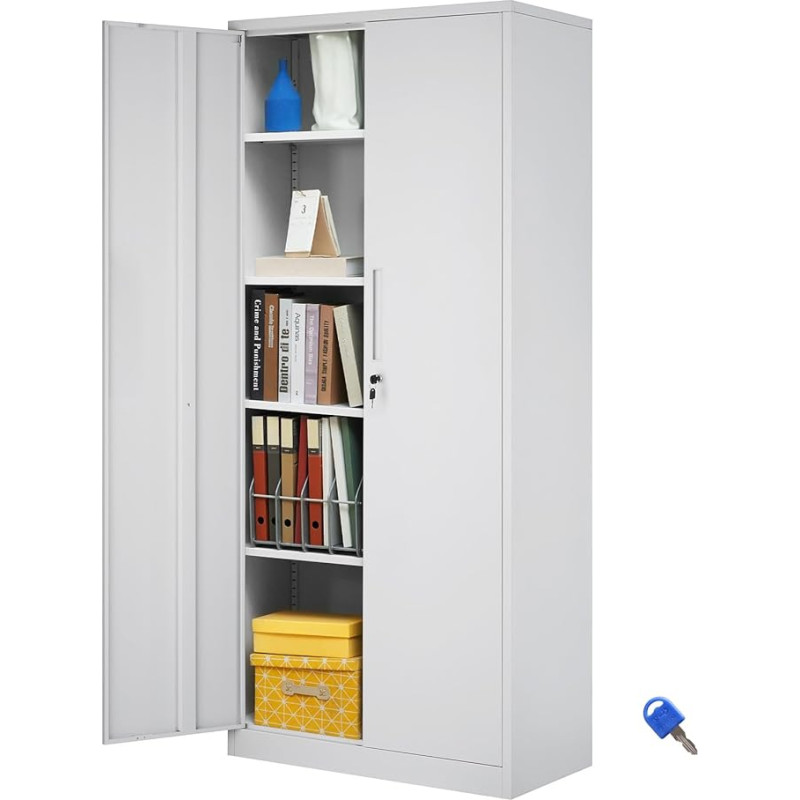 VEVOR Metal Storage Cabinet, Steel Storage Cabinet with 2 Magnetic Doors and 4 Adjustable Shelves, 180 cm Metal Cabinet, 90 kg Capacity per Shelf with 3 Keys for Office