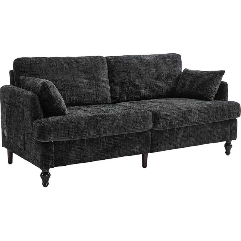 LVHOM Premium 2-Seater Sofa with LED Lighting & USB-C, Comfortable Chenille Lounge Couch with Wooden Legs, Ideal for Living Room, Home Office, Guest Room (Black)