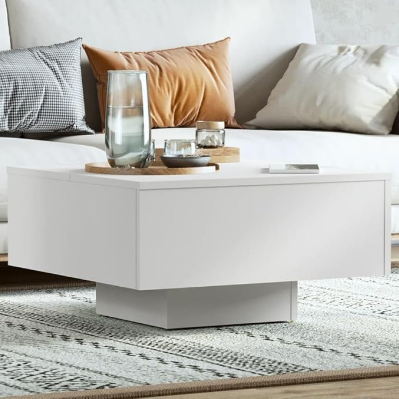 puraday Living Room Coffee Table 60 x 60 x 31.5 cm Side Table Wood Practical Multifunctional Table Bedroom Coffee Table Square Robust Durability White Wood Material Metal