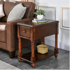 PADMA HOUSE Narrow Side Table with Drawer, Solid Wood Sofa Side Table with Shelves, Slim Next Table, Phone for Small Spaces, Living Room, Easy Assembly, Walnut
