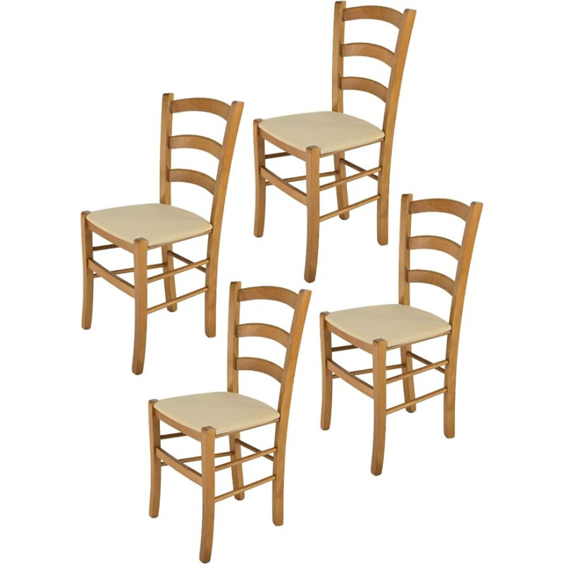 t m c s Tommychairs Venice Chairs for Kitchen and Dining Room, Robust Structure Made of Varnished Beech Wood, Oak Colour and Upholstered Seat with Hemp Fabric, Set of 4