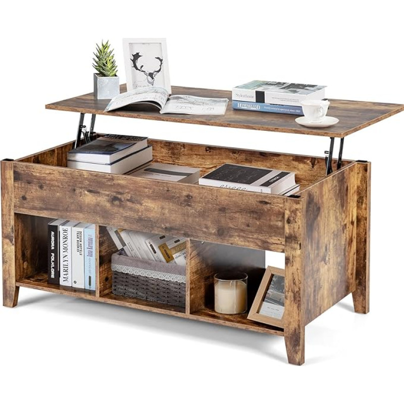 SOARS Wooden Coffee Table, Side Table with Lifting Plate & Hidden Storage Space & 3 Open Shelves, Height-Adjustable Living Room Table, Coffee Table, Modern Sofa Table, 50 x 105 x (49-63) cm (Vintage