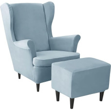 3 Piece Velvet Wing Back Chair Covers Set Stretch Slipcover with Ottoman Cover (Light Blue)