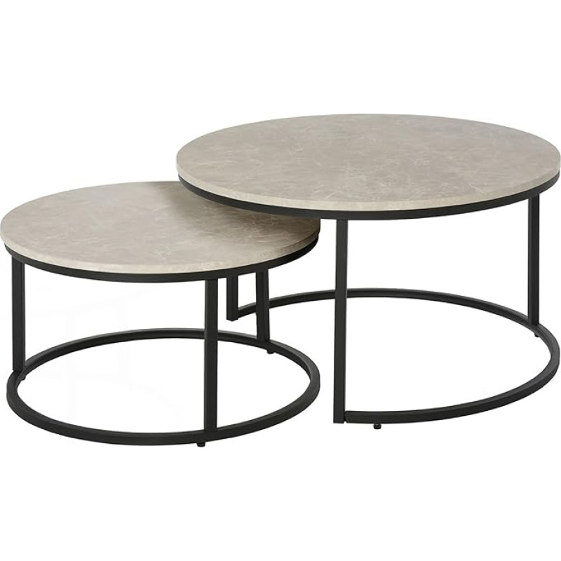 HOMCOM Round Coffee Table, Set of 2, Stackable Side Table with Metal Frame, Living Room Table with Marble Look, Coffee Table for Living Room, Bedroom, Light Grey
