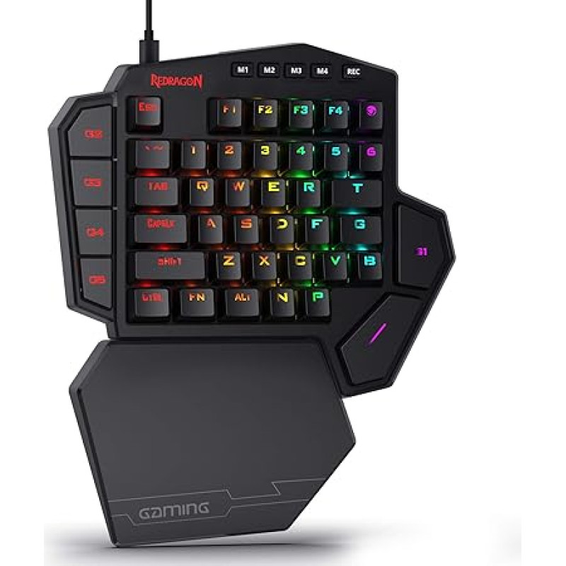 Redragon K585 DITI Single Hand RGB Mechanical Gaming Keyboard, Blue Switches, Type-C Professional Gaming Keyboard with 7 Integrated Macro Keys, Removable Wrist Support, 42 Keys