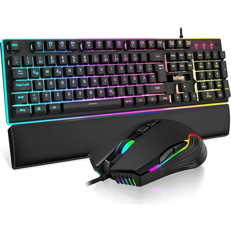 RedThunder K10 Gaming Keyboard and Mouse Set, QWERTZ DE Layout, Metal Plate and Wrist Rest, RGB Backlight and 7D with Ergonomic for PC Gamers (Black)