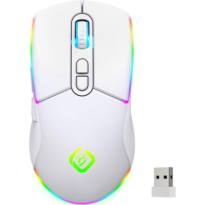 JYCSTE Wireless Gaming Mouse, Dual Mode 2.4GHz/Bluetooth 5.1 Mouse Gaming, RGB LED Backlight, Ergonomic Mouse with 6 Buttons, Rechargeable Computer Mouse for PC, Mac, Laptop (White)