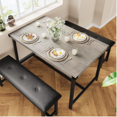 GAOMON Dining Table Set for 4, Kitchen Table with Benches, Rectangular Dining Room Table Set with 2 Padded Benches, 3-Piece Kitchen Table Set for Small Space, Apartment, Studio, Retro Grey