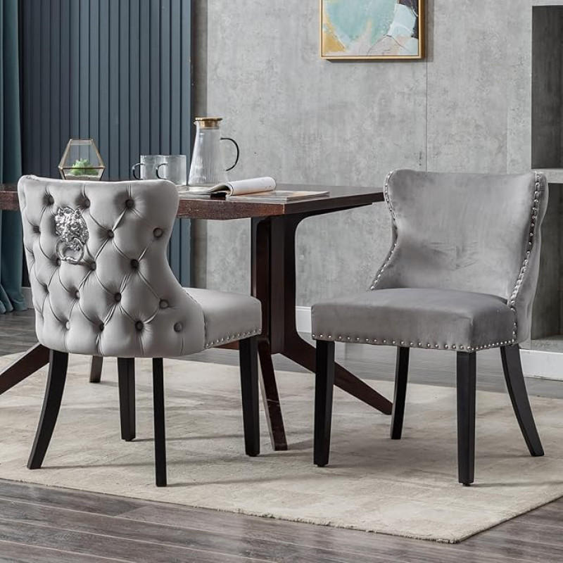Ya-Home Velvet Dining Room Chairs, Set of 2, Kitchen Chairs with Lion Head Decor, Upholstered Chair with Wooden Legs for Dining Room, Grey