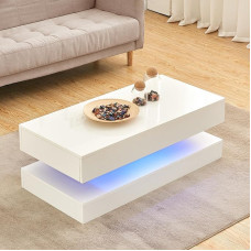 JYMTOM Coffee Table for Living Room, Side Table, Modern Wooden Table with LED Lights, White Gloss Coffee Table with 2 Drawers, Rectangular, 100 x 50 x 35 cm, Home Office Furniture (2 Drawers, White)