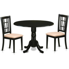 East West Furniture DLNI3-BLK-C 3-Piece Set Includes Round Dining Table with Dropleaf and 2 Upholstered Linen Fabric Kitchen Chairs 106 x 107 cm