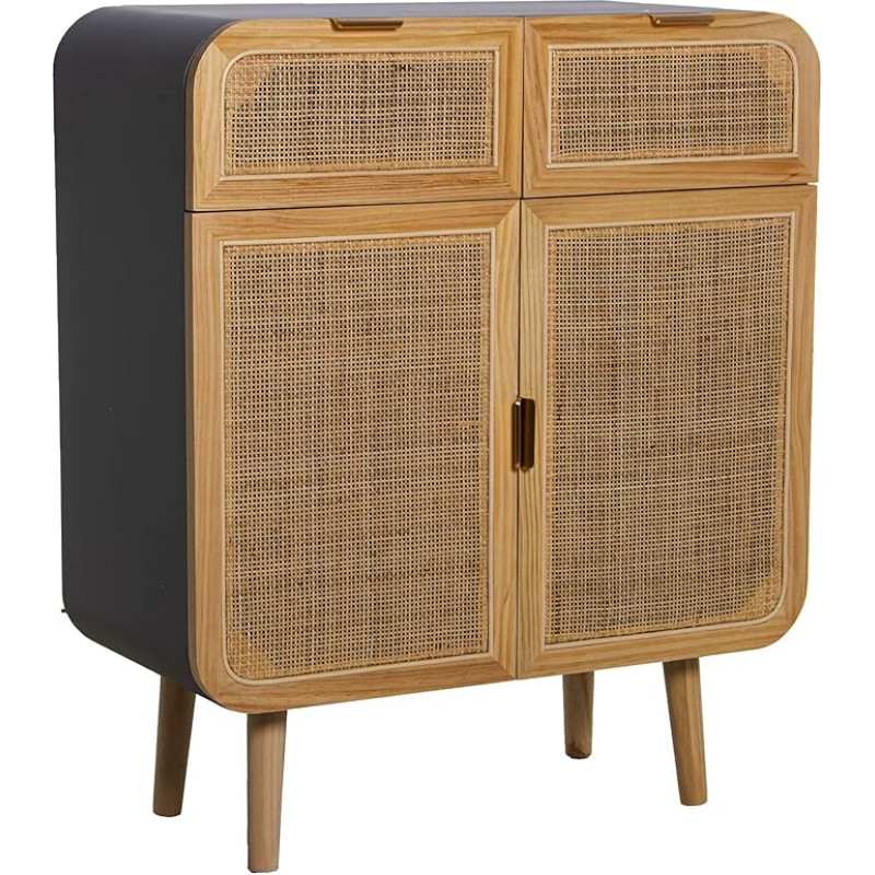 DRW Entrance Table with 2 Drawers and 2 Doors Made of Metal, MDF and Willow in Natural and Black, 80 x 38 x 95 cm, Colourful, Standard