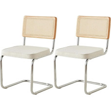 JZGORC Set of 2 Modern Dining Chairs, Upholstered Granular Plush Kitchen Chairs, Cantilever Dining Chair with Mesh Rattan Backrest - White