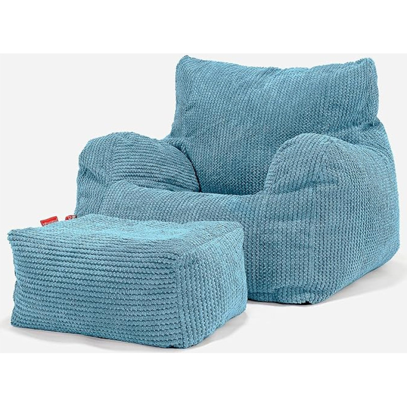 Lounge Pug, Bean Bag Wingback Chair with Stool, Pom-Pom Turquoise