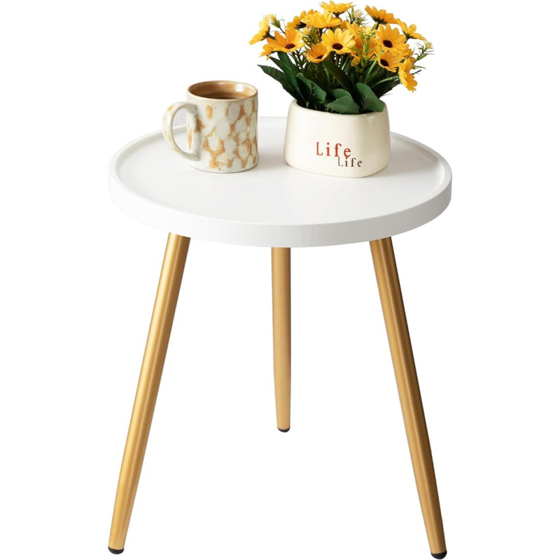 danpinera Round End Table, Metal Leg Accent Table with Wooden Tray, Small Round Side Table for Living Room, Bedroom, Kids Room, White & Gold