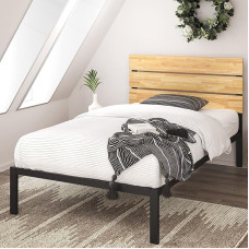 Zinus Paul Bed 90 x 190 cm - Bed Frame Height 36 cm - Metal and Wood Bed Frame with Wooden Slatted Bracket - Natural Brown and Black