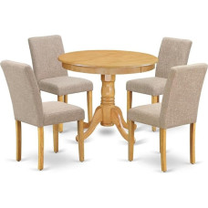 East West Furniture ANAB5-OAK-04 Antique 5 Piece Set for 4 - Includes Round Kitchen Table with Base and 4 Parson Dining Chairs in Tan Linen Fabric, 36 x 36 Inch, Oak