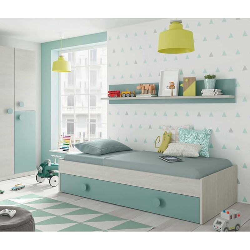 Dmora - Lubbock Cot Bed Frame for Bedroom, Bed with Pull-Out Cot and Shelf, 201 x 98 x 43 cm, White and Aqua Green