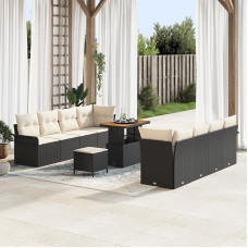 Rantry 11-teiliges Garten-Sofa-Set mit Kissen Schwarz Poly Rattan Akazie Gartenlounge Model3362110