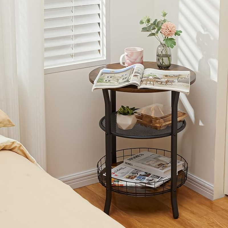 X-cosrack Round End Table, Industrial Retro Side Table with Storage Space Coffee Table for Living Room Bedroom Kitchen Office Sturdy Wood Metal Frame Rustic Brown