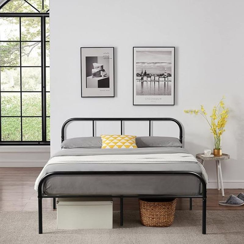 EGGREE Metal Double Bed Frame Black 4ft 6 Solid Bedstead Base with Headboard for Adults Children,Suit for 135 x 190 Mattress