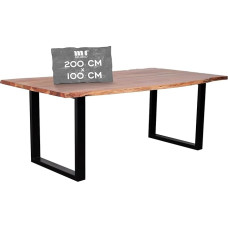 MR. DEKO® Catania Dining Room Table with Wane, 200 x 100 x 76 cm (L x W x H), for 6-8 People, Acacia Table Top, Solid Wood, Dining Room Table, U-Shape Metal Frame, Black, Stylish Dining Table