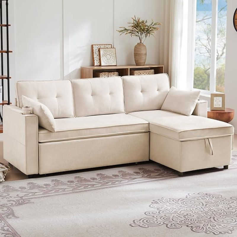 LANTRO JS Corner Sofa Bed Extendable Sofa Bed with Storage Space, L-shaped Sofa with Side Pockets and Cup Holder, Beige