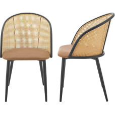 [en.casa] Gagnef Dining Room Chairs, Set of 2, Rattan Brown, 2 x Designer Chairs, Faux Leather, Upholstered Chair, Metal Legs, Black
