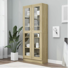 Festnight Display Cabinet Bookcase with Glass Doors Filing Cabinet Glass Door Glass Display Cabinet Tall Cabinet Standing Display Cabinet Sonoma Oak 82.5 x 30.5 x 185.5 cm Wood Material