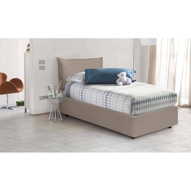 Talamo Italia - Single Bed Marianna Faux Leather 100% Made in Italy Side Opening + Mattress 80 x 190 cm Taupe