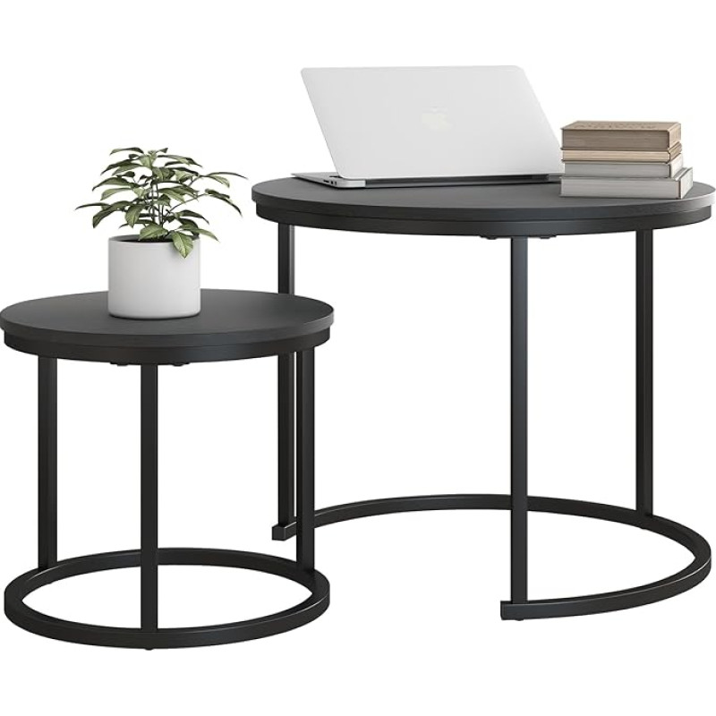 HOJINLINERO Round Coffee Table, Side Table, Set of 2, for Living Room, Black Small Coffee Table, Nesting Tables, Metal Frame with Wood Look, Sturdy and Easy to Assemble, Stackable, Small
