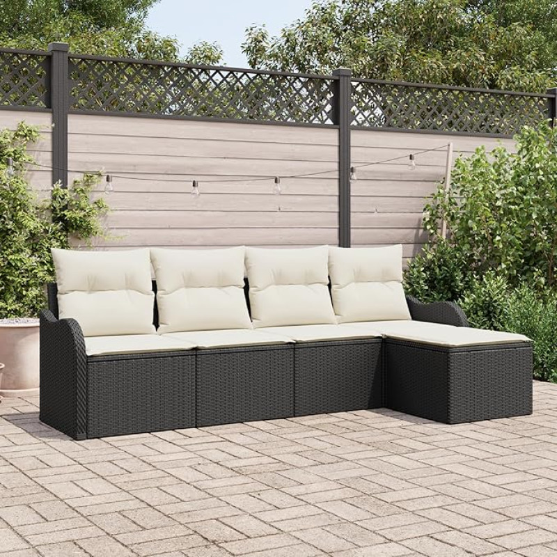 Rantry 5-teiliges Garten-Sofa-Set mit Kissen Schwarz Poly Rattan, 2-Sitzer Garten-Sofa mit Kissen Schwarz Poly Rattan Gartenlounge Model3345657