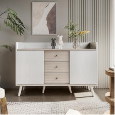 Kehun Sideboard White for Living Room and Dining Room, Chest of Drawers, Buffet Cabinet, 117.5 x 40 x 80 cm with 2 Doors and 3 Storage Drawers, White